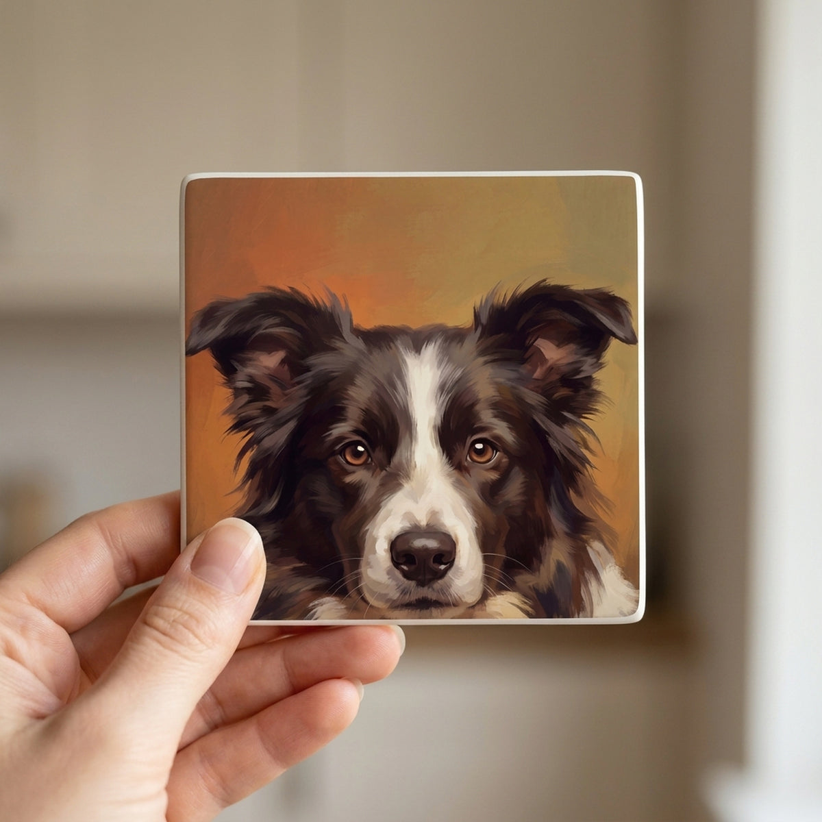 Border Collie Portrait ceramic coasters set of 4, in hand