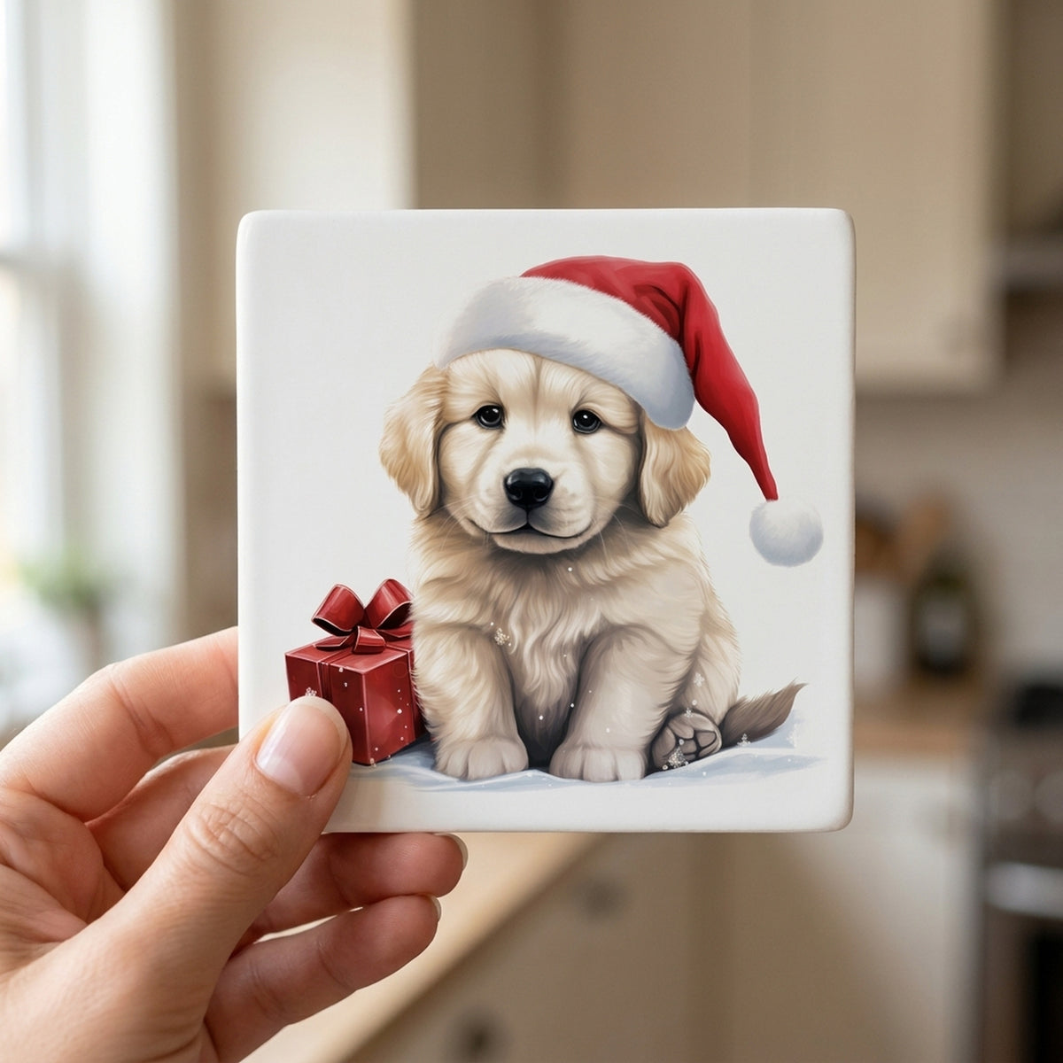 Kuvaszok Puppy Drawing ceramic coasters set of 4, in hand