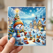 Winter Snowman Village ceramic coasters set of 4, in hand