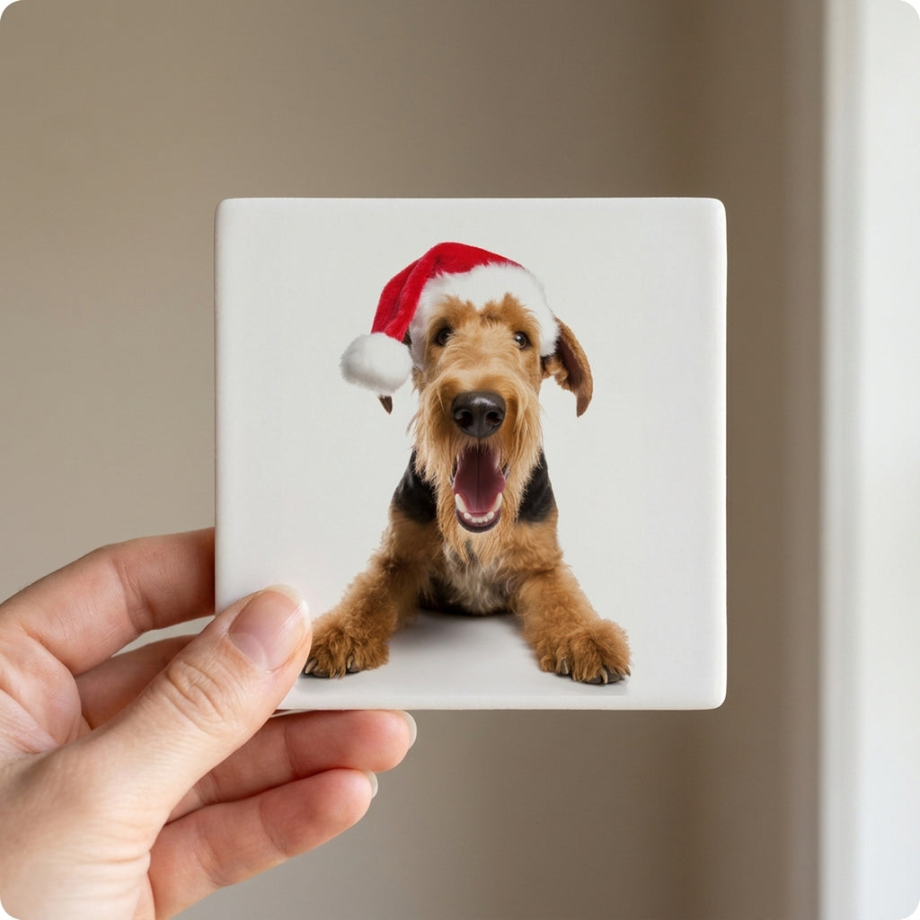 Airedale Terrier ceramic coasters set of 4, in hand