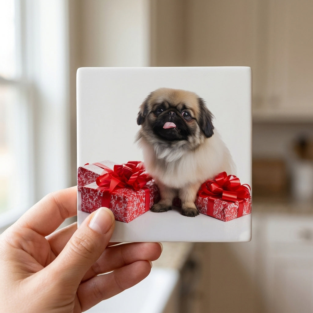 Pekingese ceramic coasters set of 4, in hand