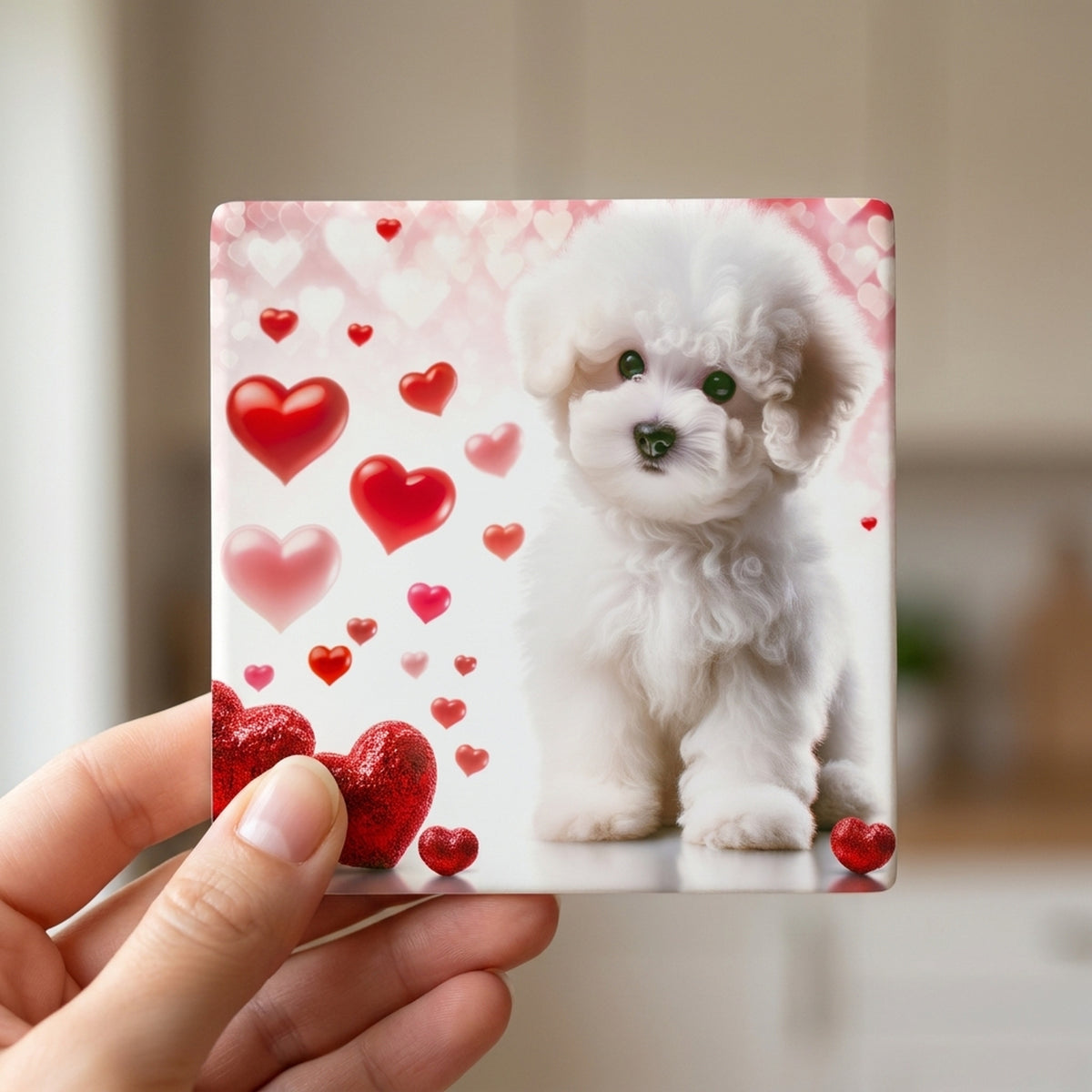 Bichon Frise ceramic coasters set of 4, in hand
