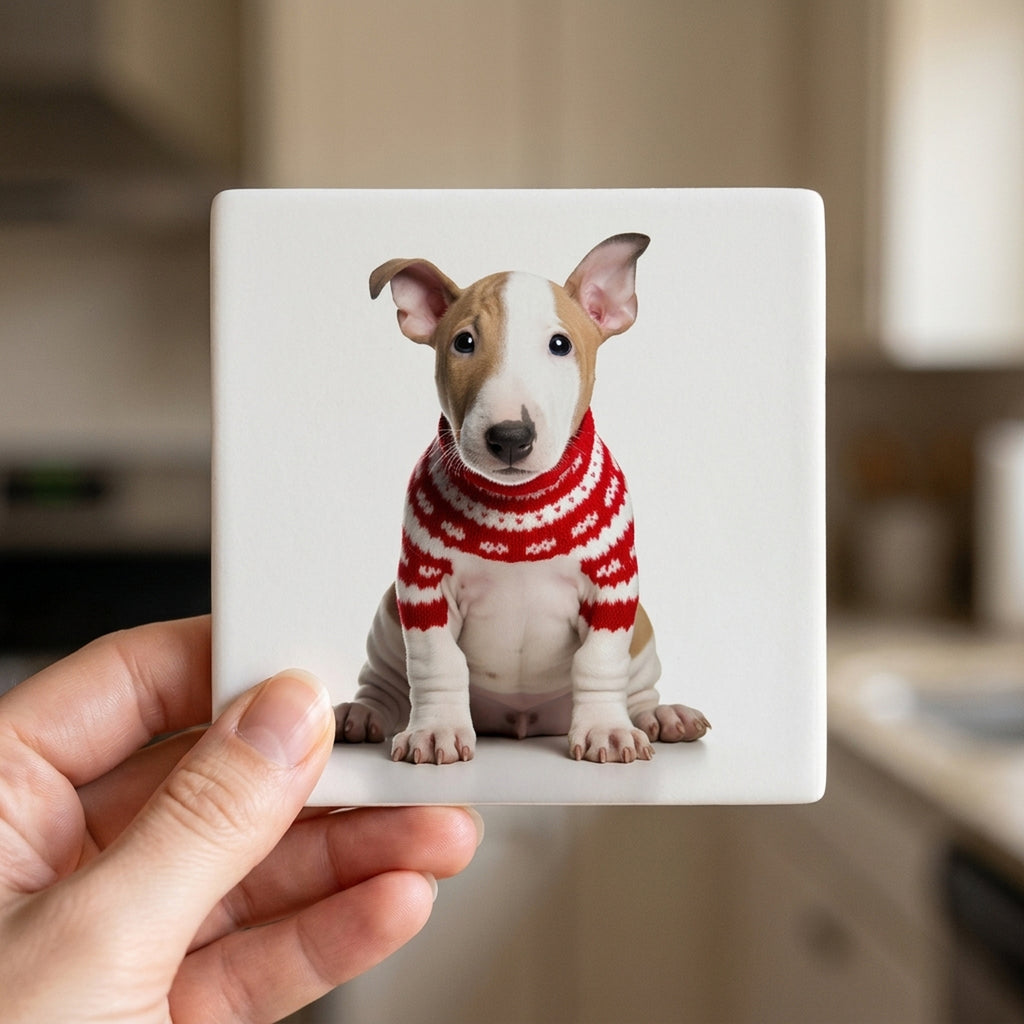 Bull Terrier Puppy ceramic coasters set of 4, in hand