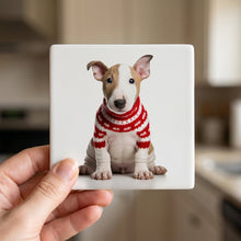 Bull Terrier Puppy ceramic coasters set of 4, in hand