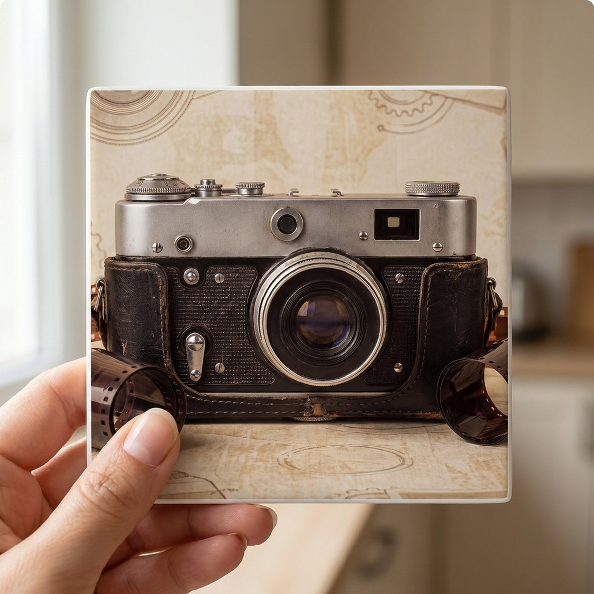 Film Camera ceramic coasters set of 4, in hand