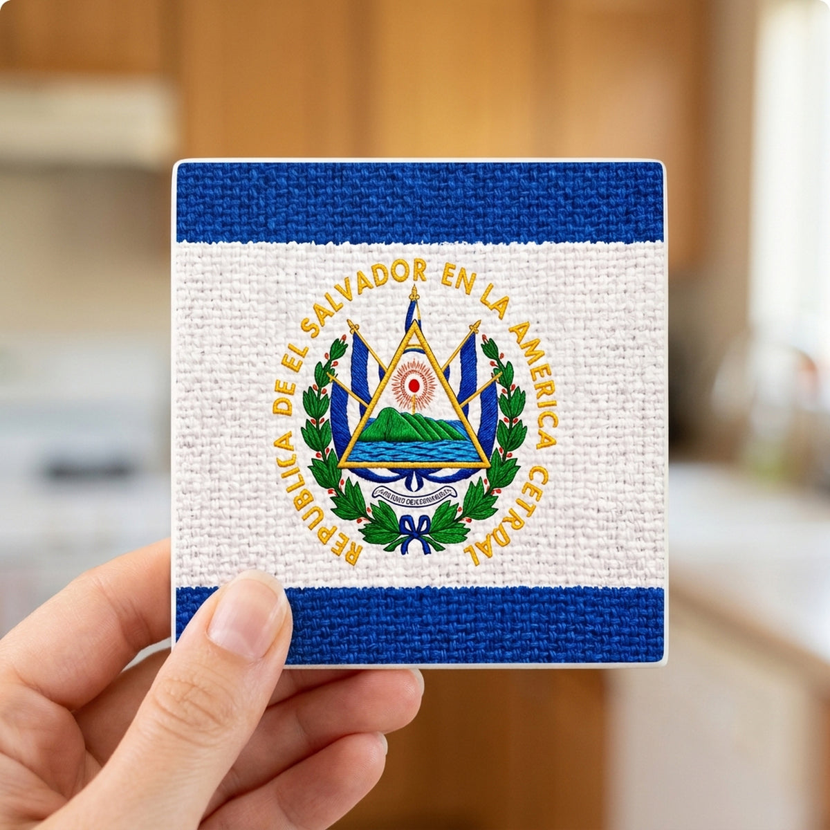 El Salvador Flag Pride ceramic coasters set of 4, in hand