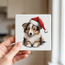 Shetland Sheepdog Puppy Drawing ceramic coasters set of 4, in hand