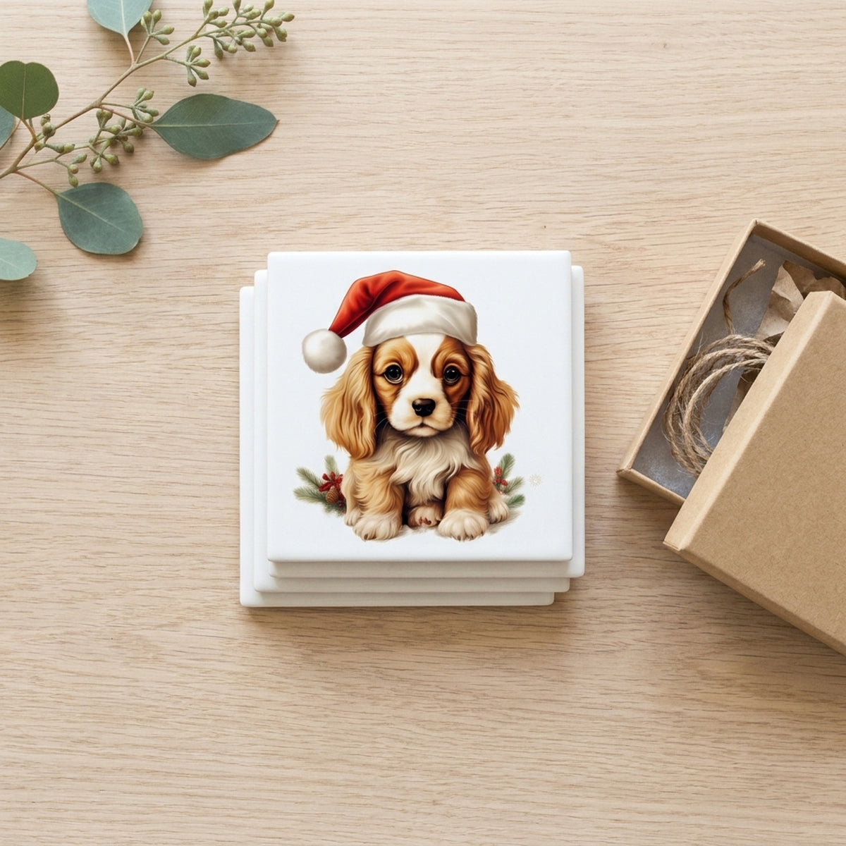 Cavalier King Charles Spaniel Puppy Drawing ceramic coasters set of 4, gift set