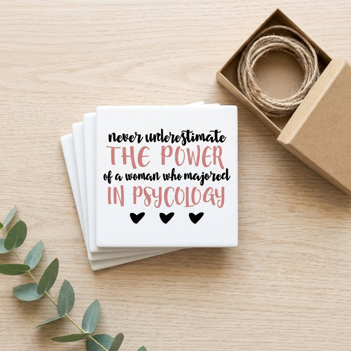 Never Underestimate Woman in Psychology ceramic coasters set of 4, gift set