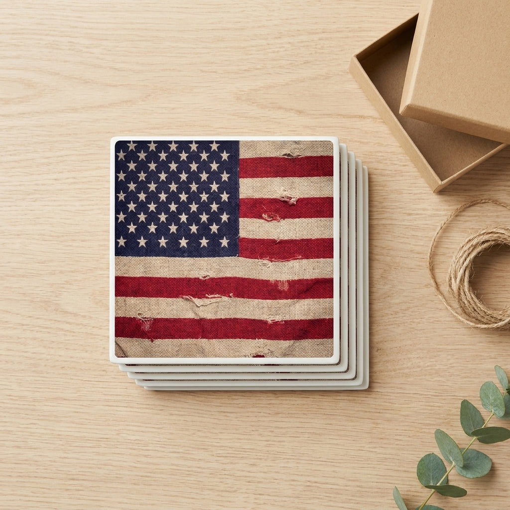 Weathered American Flag ceramic coasters set of 4, gift set