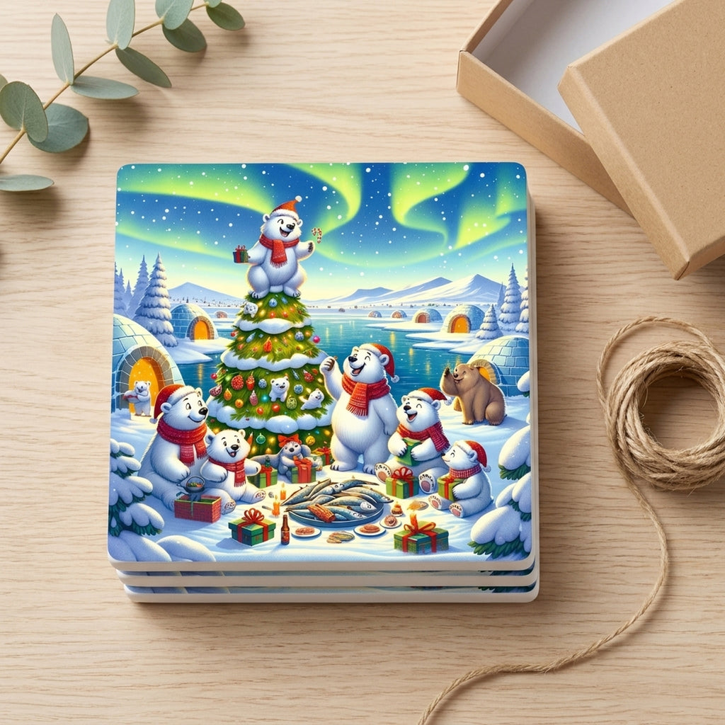 Arctic Holiday Polar Bears ceramic coasters set of 4, gift set