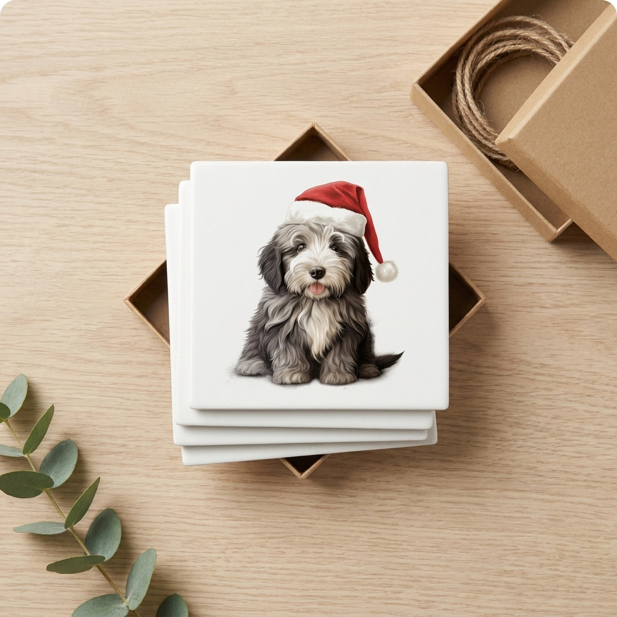 Bergamasco Sheepdog Puppy Drawing ceramic coasters set of 4, gift set