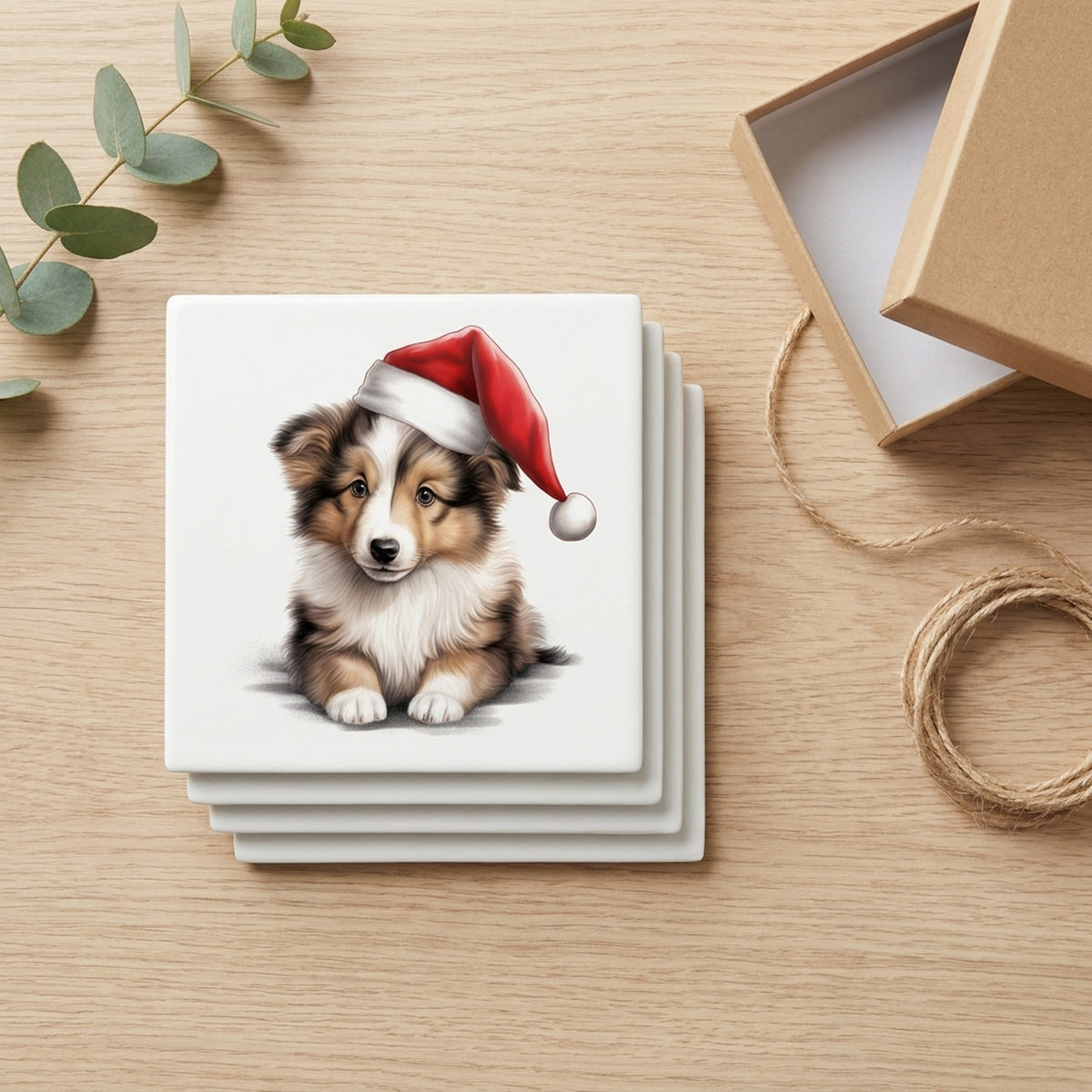 Shetland Sheepdog Puppy Drawing ceramic coasters set of 4, gift set