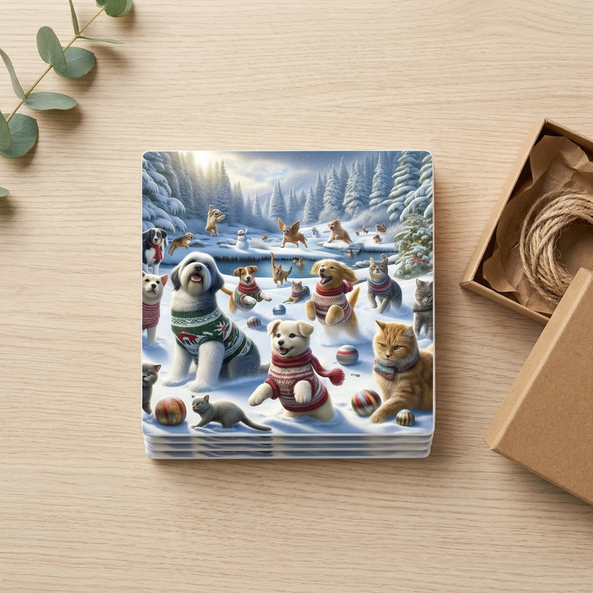 Holiday Sweater Pets ceramic coasters set of 4, gift set