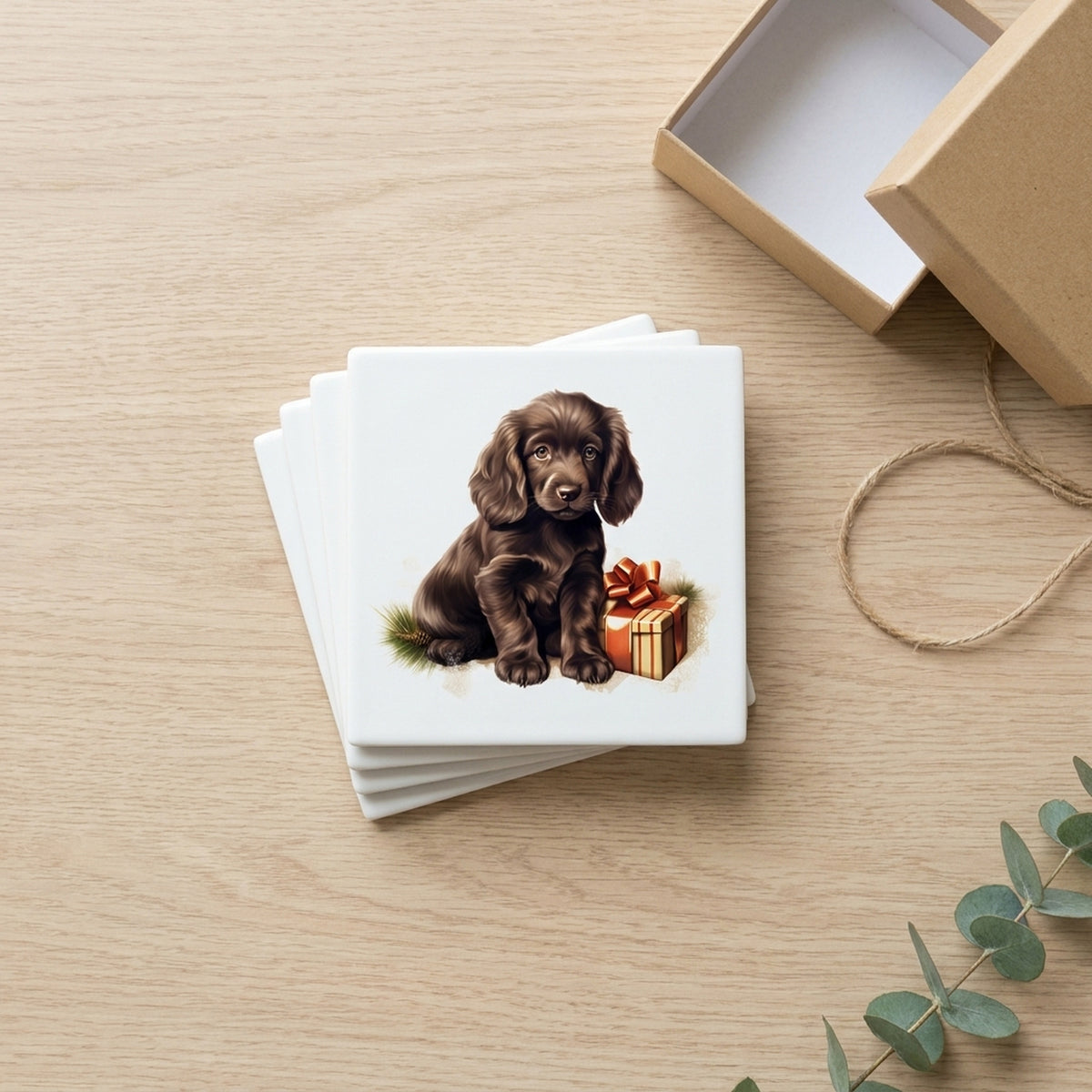 Field Spaniel Puppy Drawing ceramic coasters set of 4, gift set