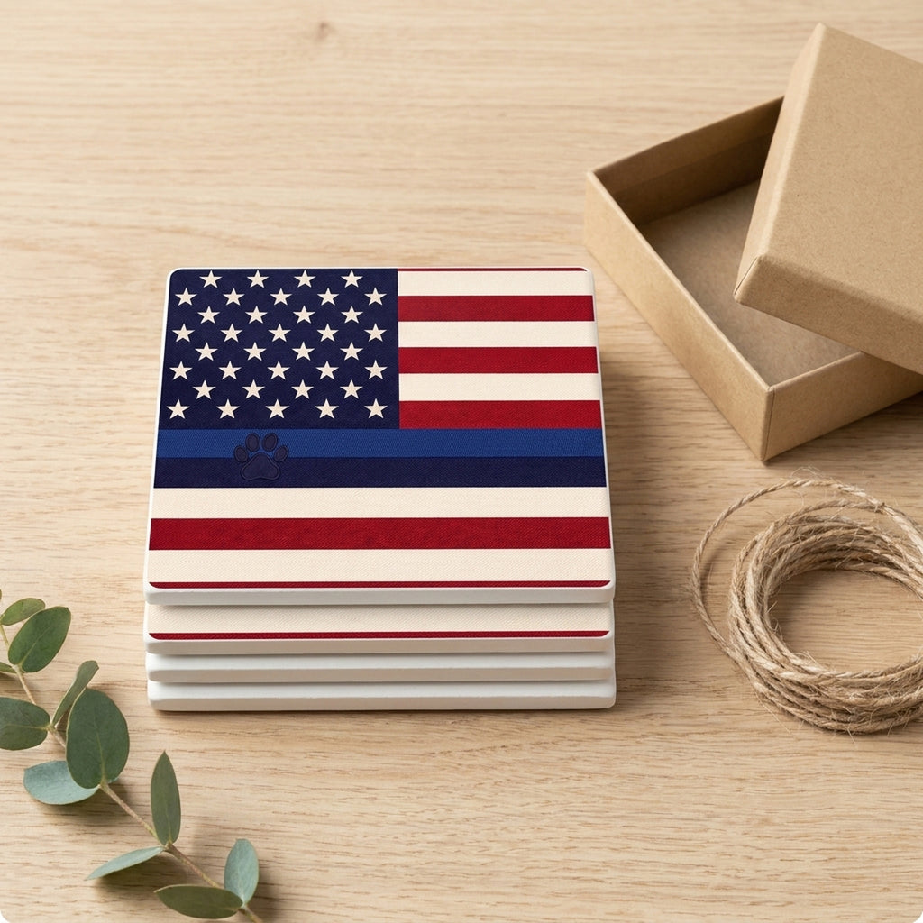 Blue Line K9 Paw Flag ceramic coasters set of 4, gift set