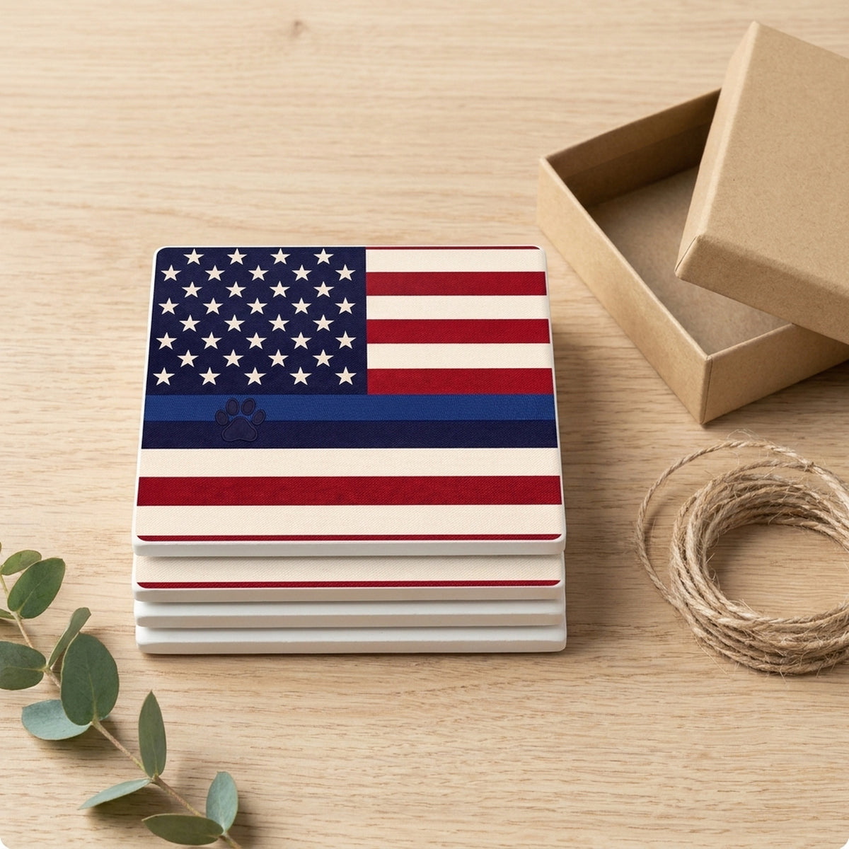 Blue Line K9 Paw Flag ceramic coasters set of 4, gift set