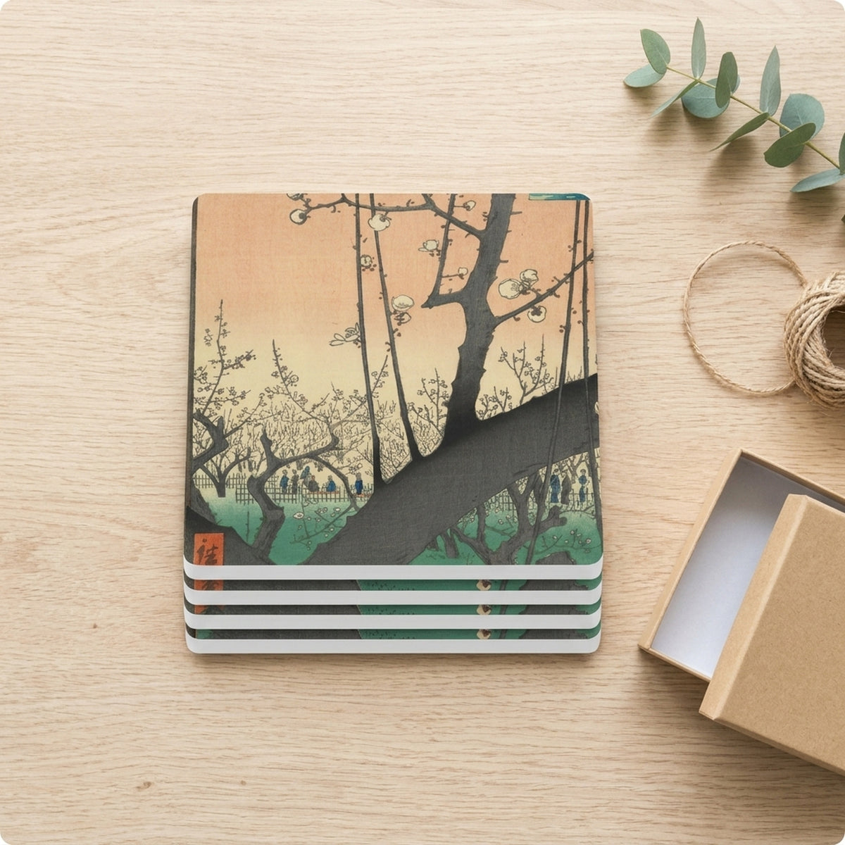Hokusai Plum Blossom ceramic coasters set of 4, gift set
