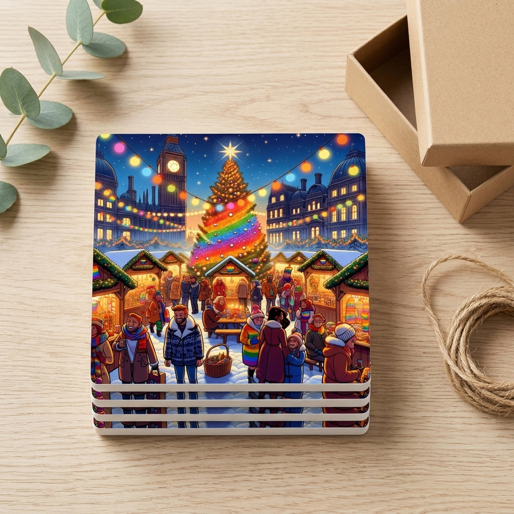 Rainbow Christmas Market ceramic coasters set of 4, gift set