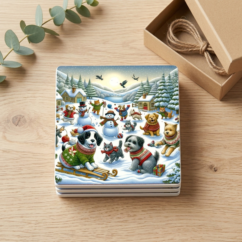 Cozy Christmas Pets ceramic coasters set of 4, gift set