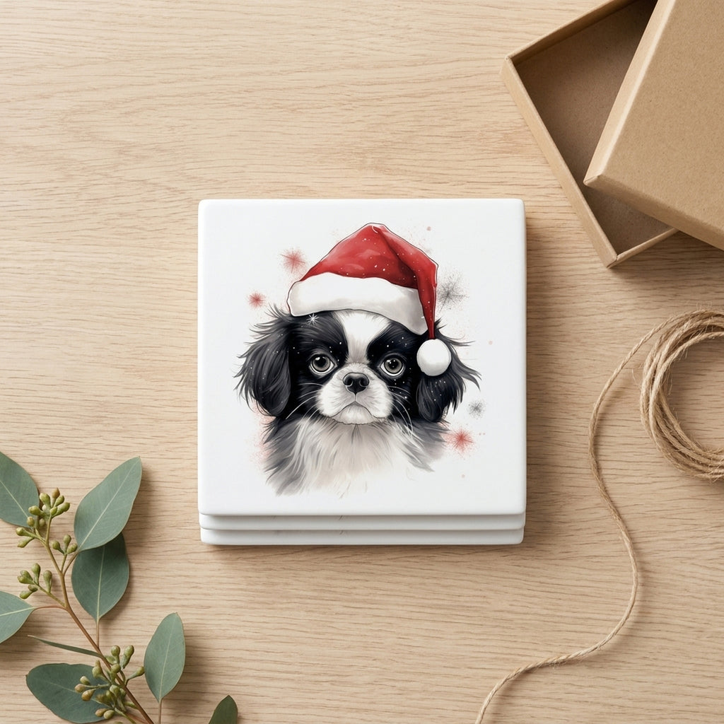 Japanese Chin Puppy Drawing ceramic coasters set of 4, gift set