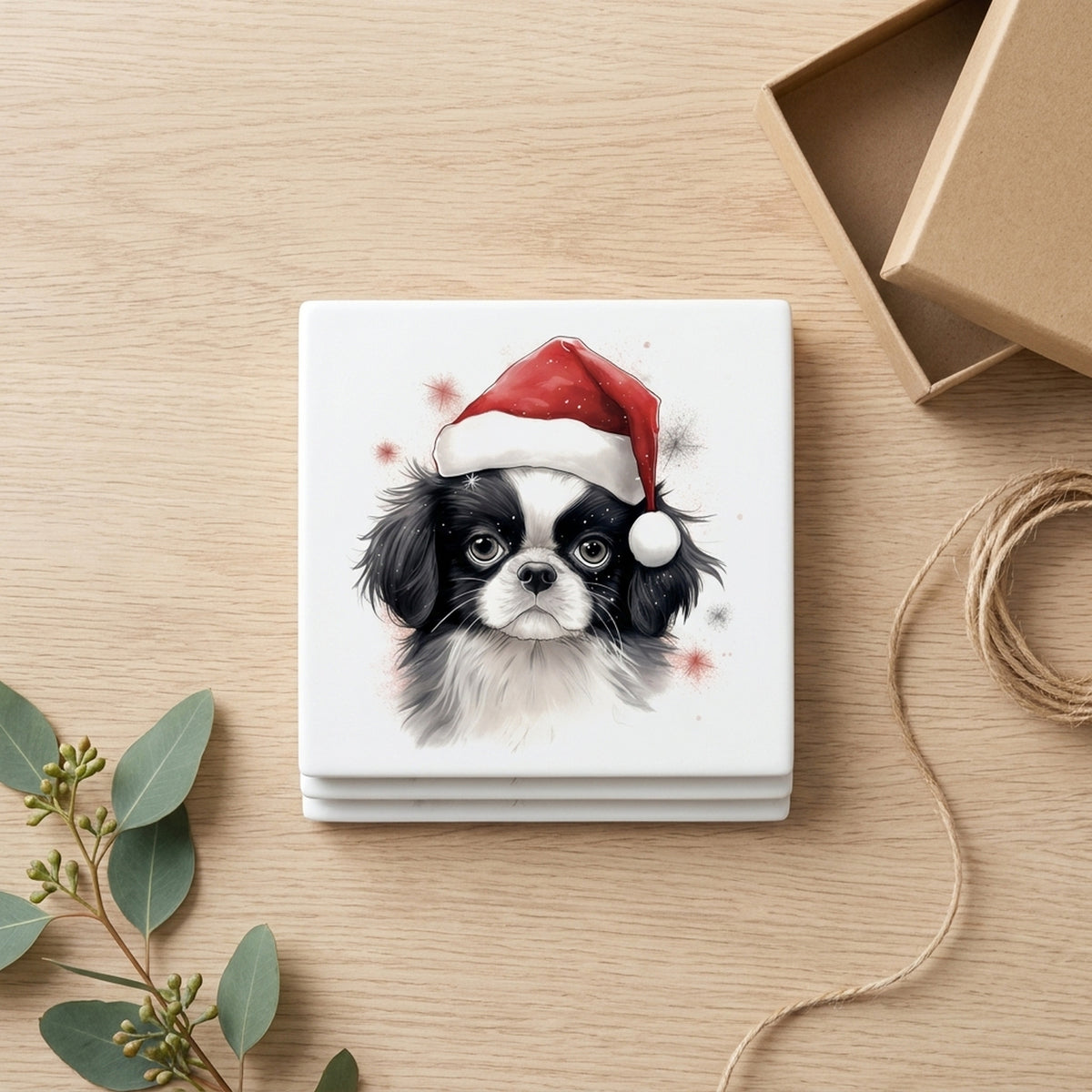 Japanese Chin Puppy Drawing ceramic coasters set of 4, gift set