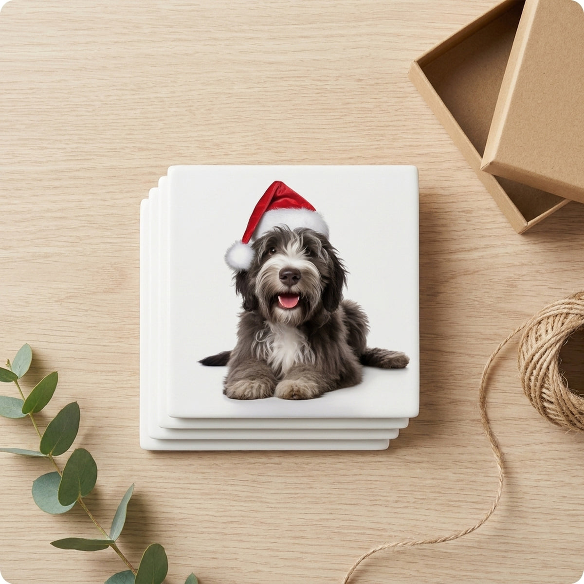 Bergamasco Sheepdog Puppy ceramic coasters set of 4, gift set