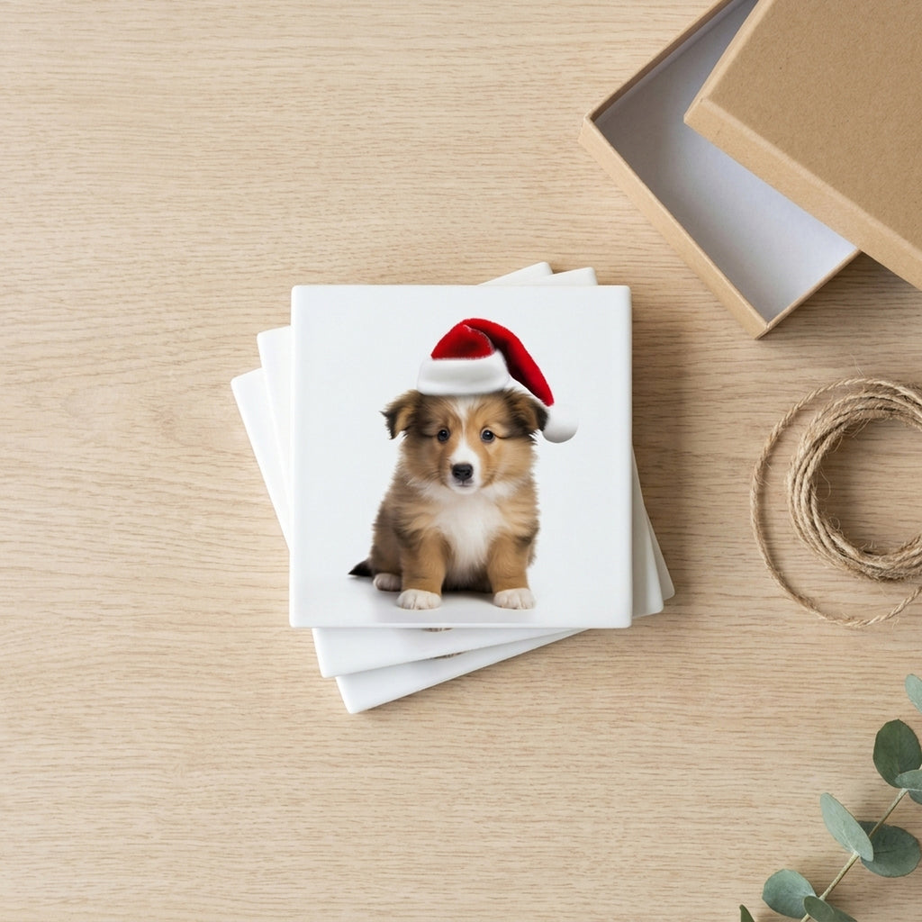 Shetland Sheepdog Puppy ceramic coasters set of 4, gift set