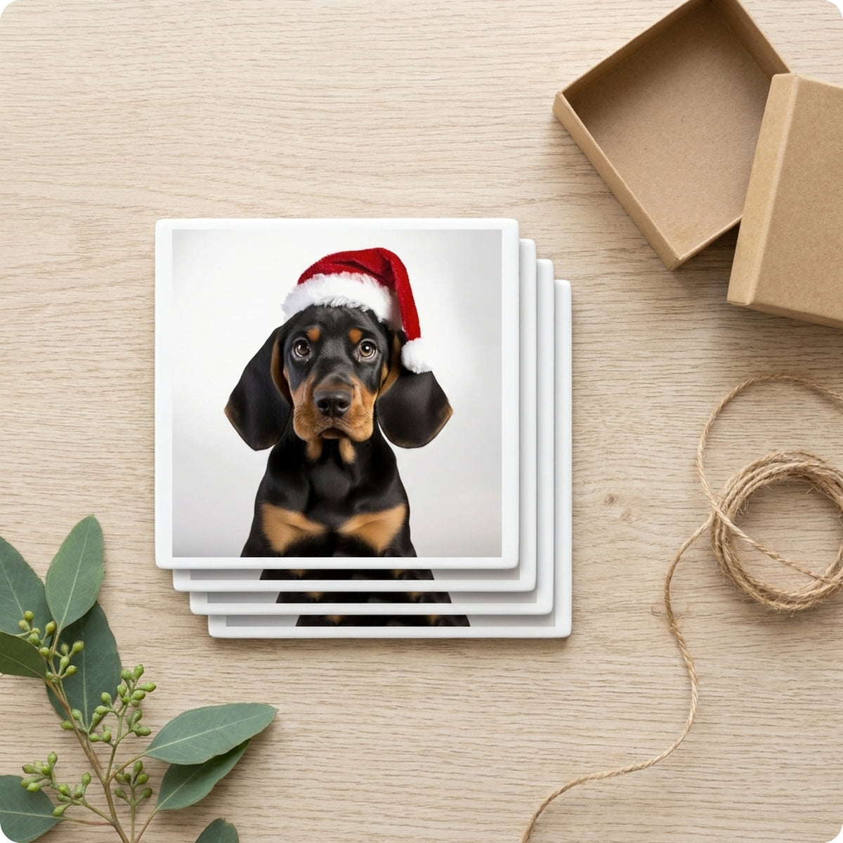 Black and Tan Coonhound Puppy ceramic coasters set of 4, gift set