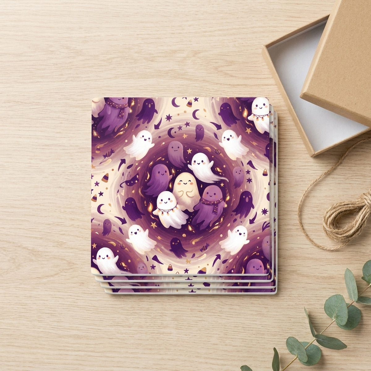 Spooky Ghosts ceramic coasters set of 4, gift set