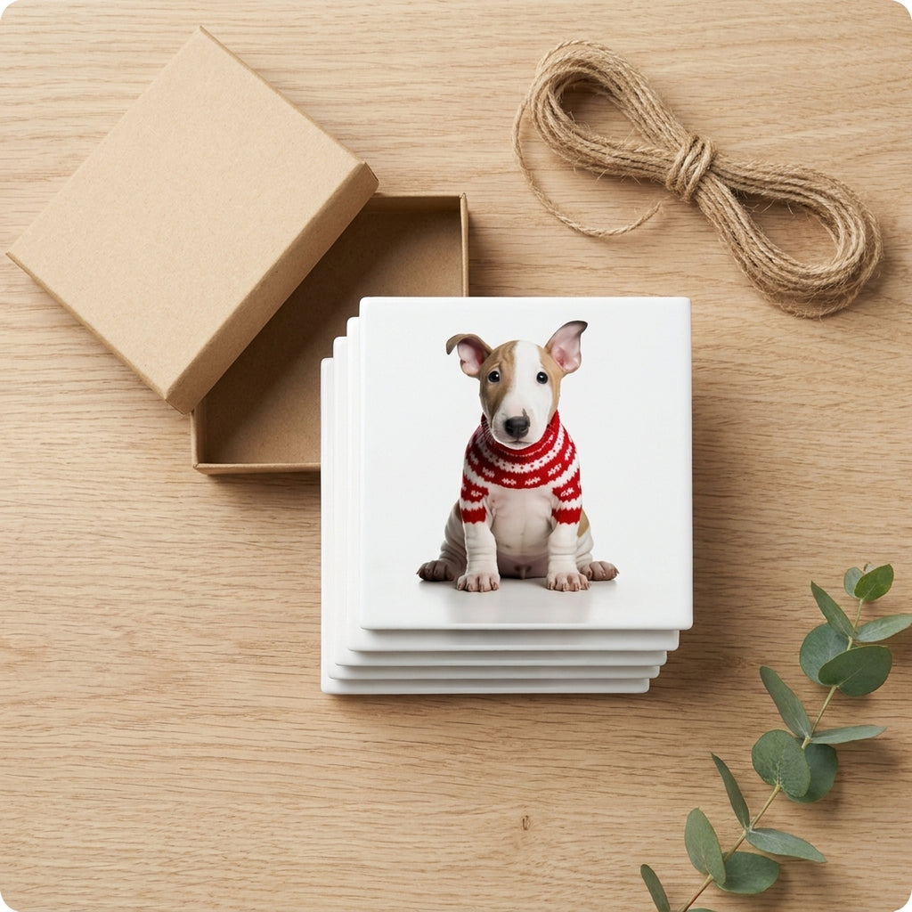Bull Terrier Puppy ceramic coasters set of 4, gift set