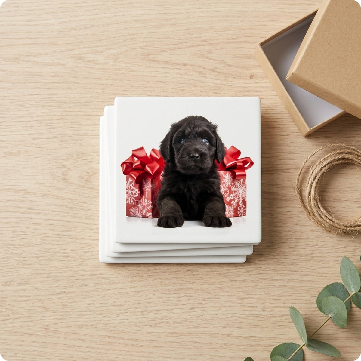Black Russian Terrier Puppy ceramic coasters set of 4, gift set