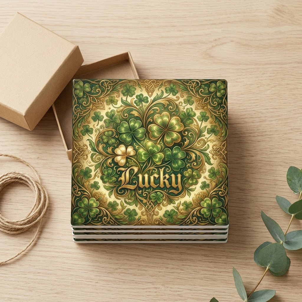 Shamrock St Patricks ceramic coasters set of 4, gift set