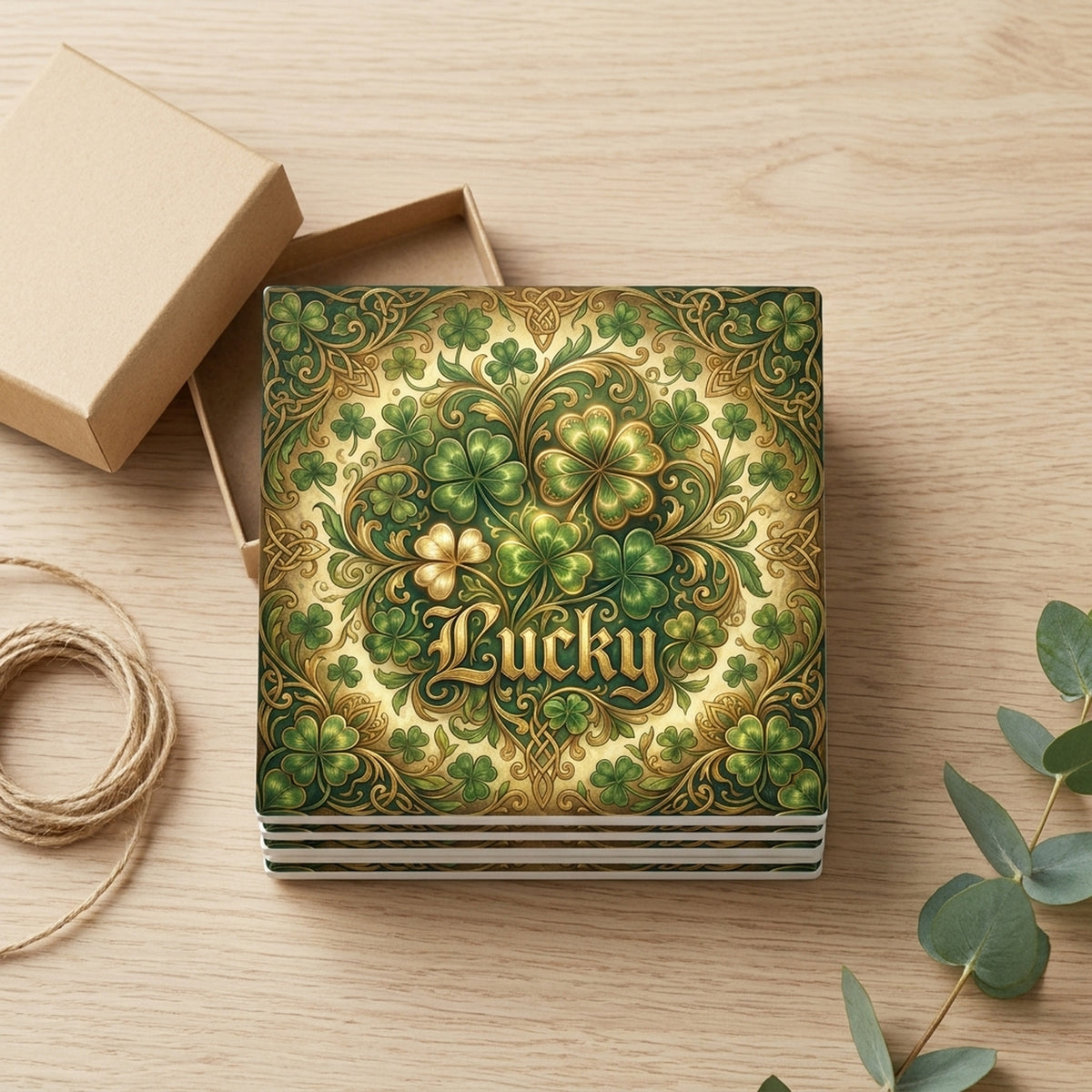 Shamrock St Patricks ceramic coasters set of 4, gift set