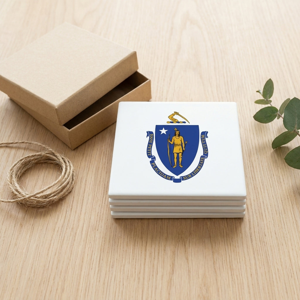 Massachusetts State Flag ceramic coasters set of 4, gift set