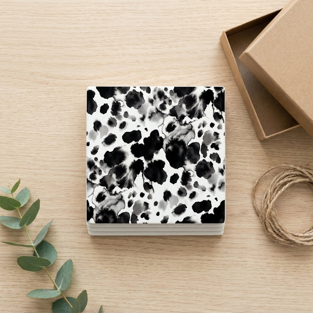 Cow Print ceramic coasters set of 4, gift set