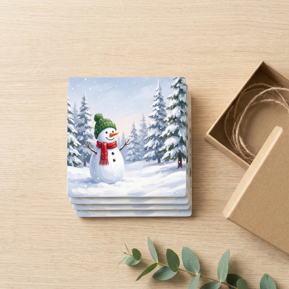 Snowman Winter ceramic coasters set of 4, gift set