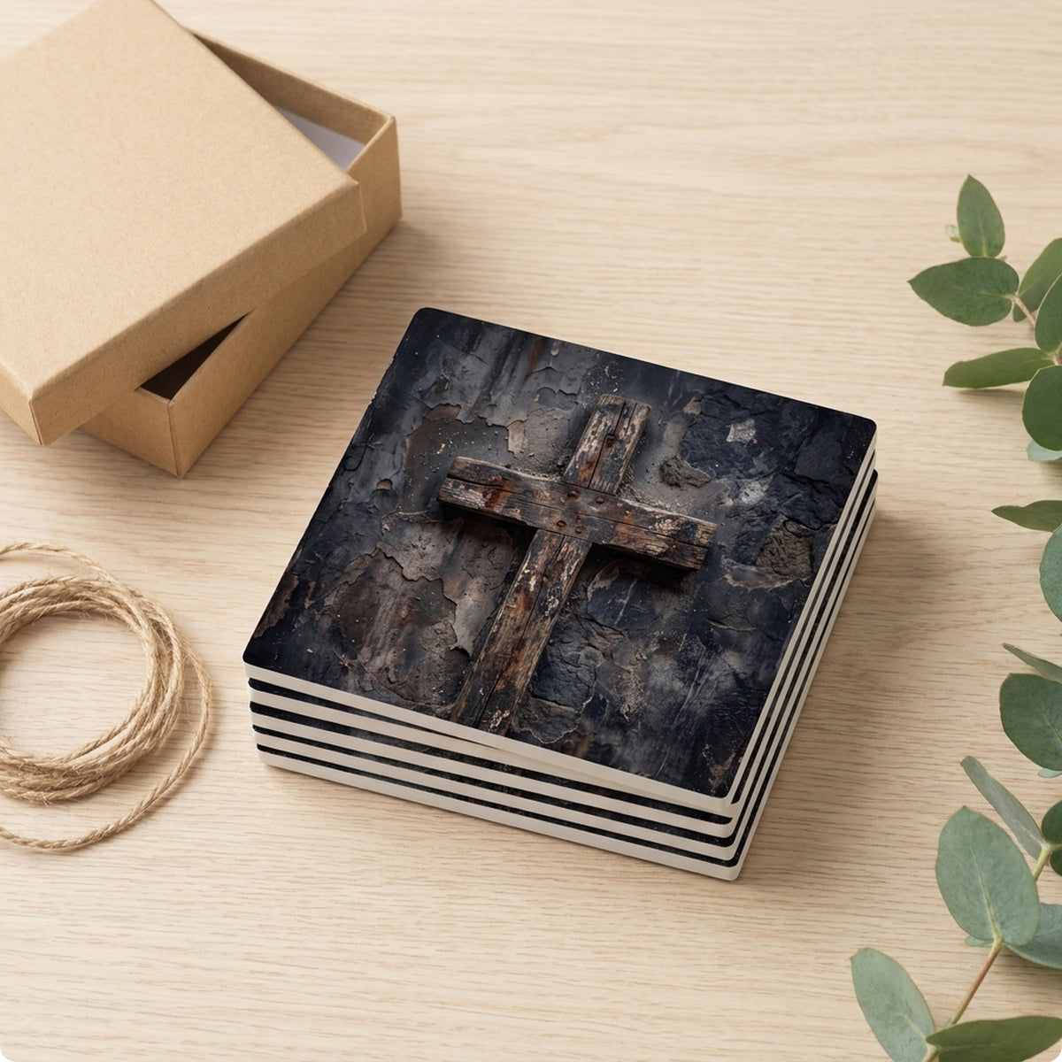 Distressed Cross ceramic coasters set of 4, gift set