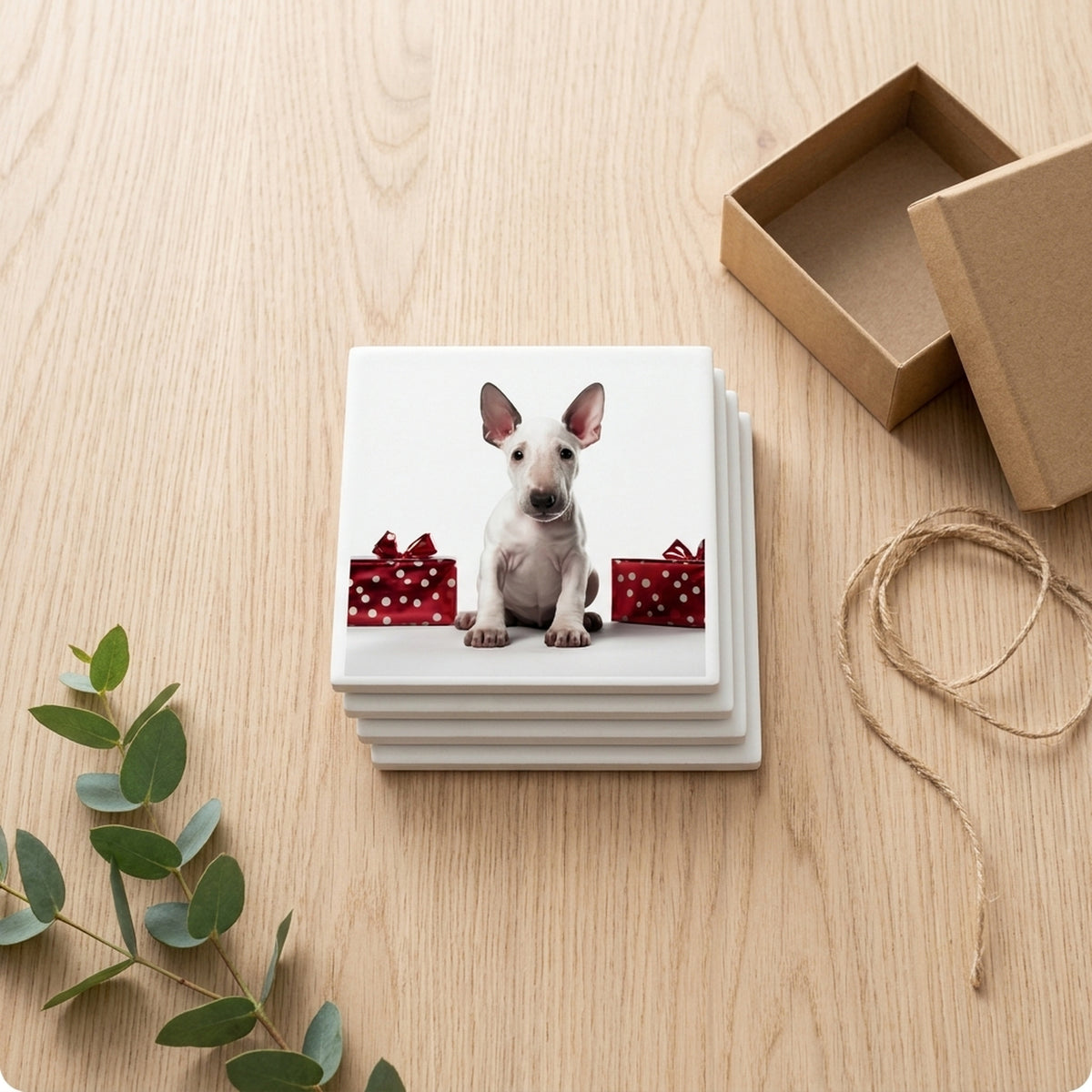 Miniature Bull Terrier Puppy ceramic coasters set of 4, gift set