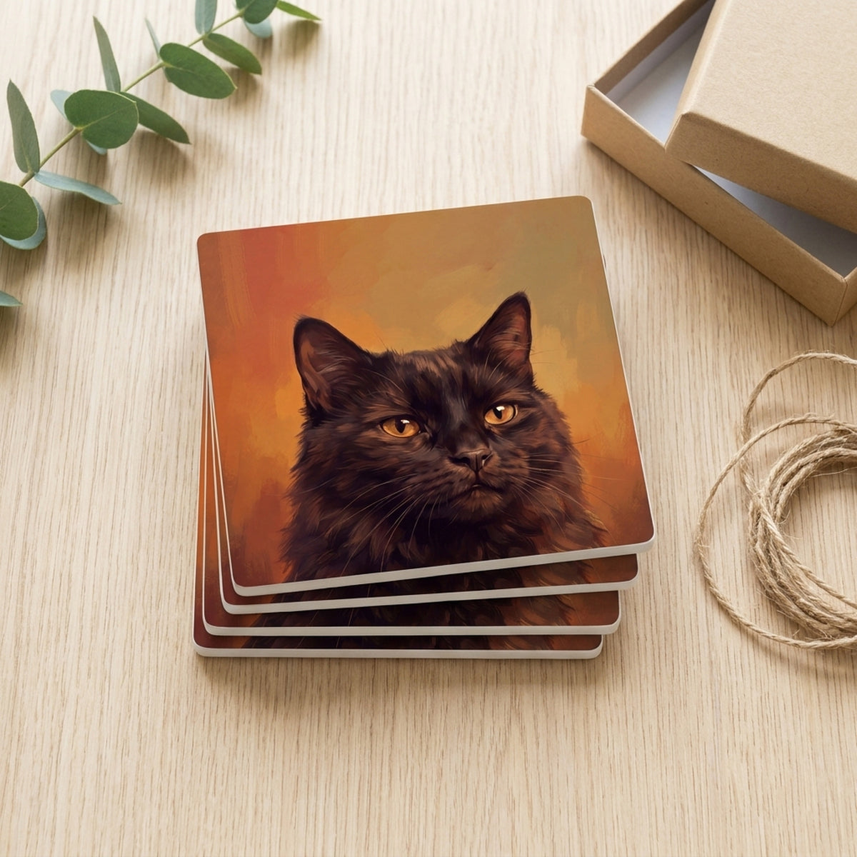 Black Cat Portrait ceramic coasters set of 4, gift set