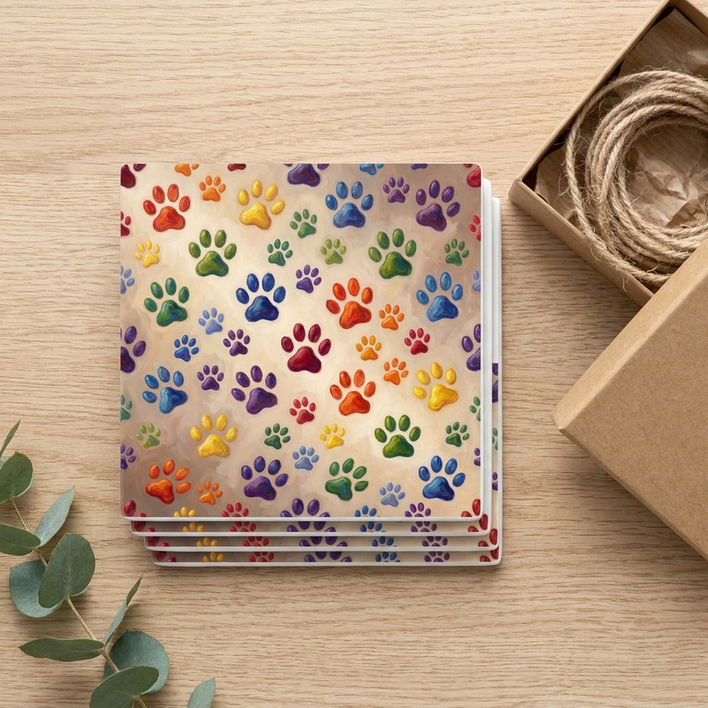Colorful Paw Prints ceramic coasters set of 4, gift set