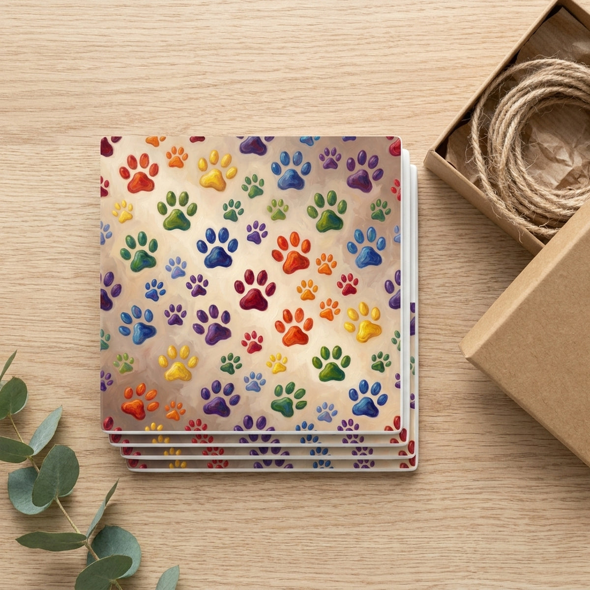 Colorful Paw Prints ceramic coasters set of 4, gift set