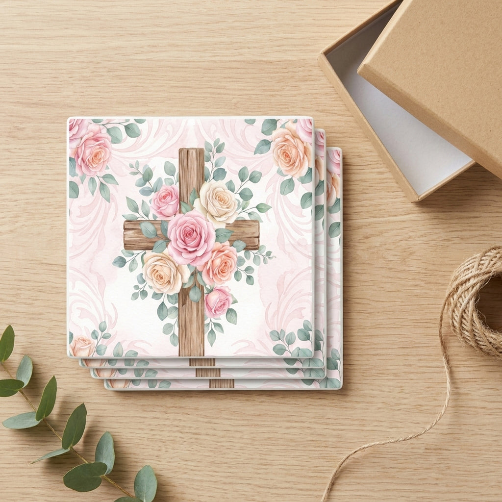 Floral Cross ceramic coasters set of 4, gift set