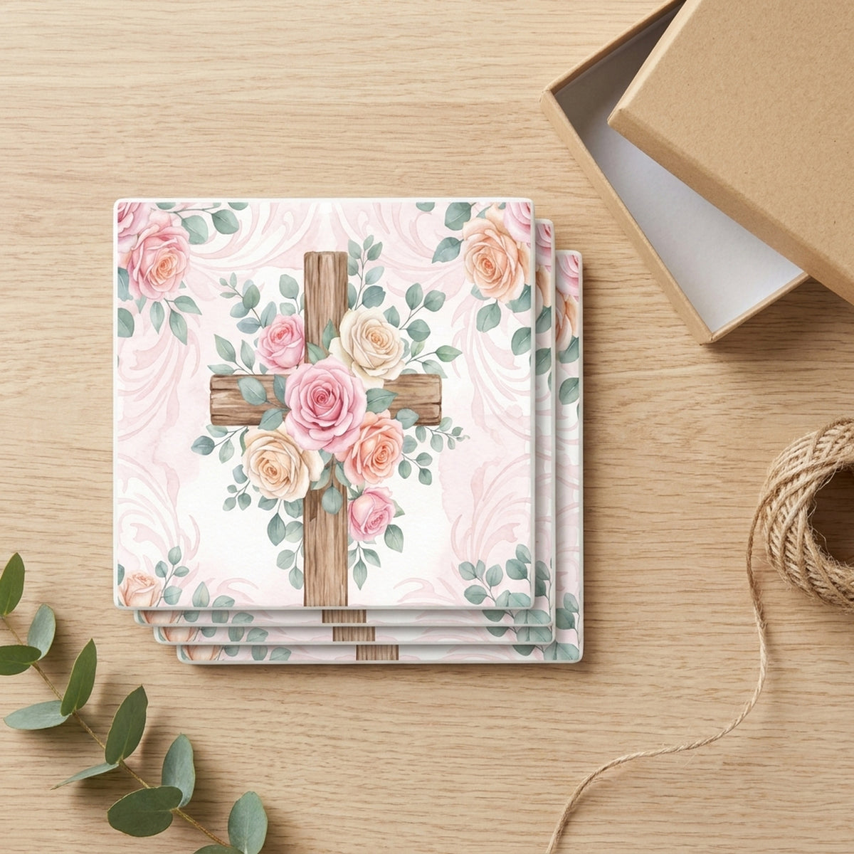 Floral Cross ceramic coasters set of 4, gift set