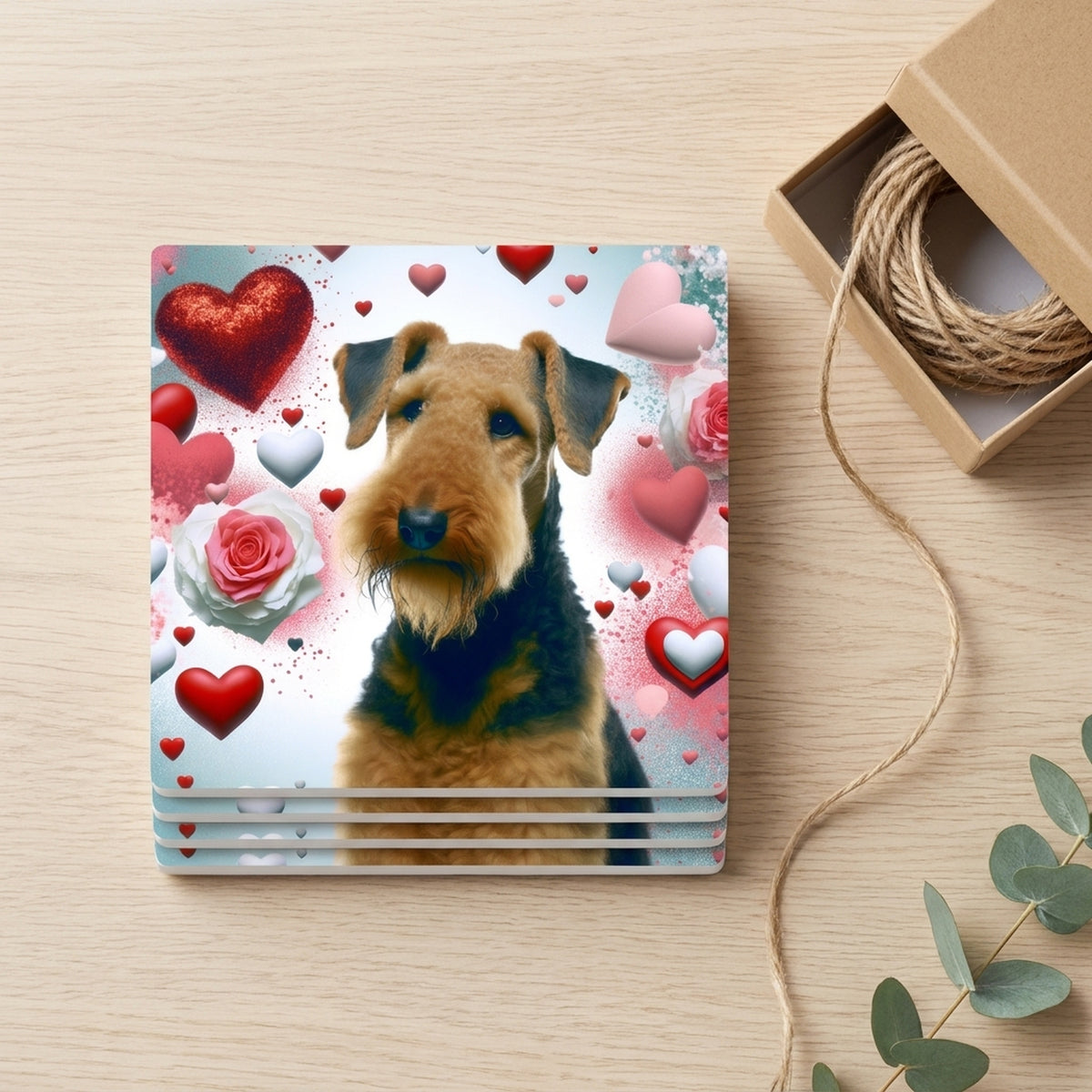 Airedale Terrier ceramic coasters set of 4, gift set