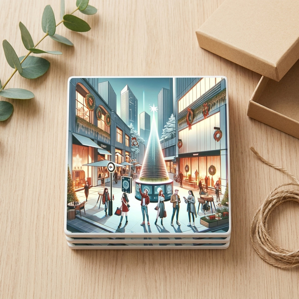Downtown Christmas Plaza ceramic coasters set of 4, gift set