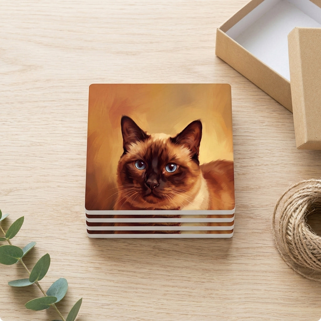 Siamese Cat Portrait ceramic coasters set of 4, gift set