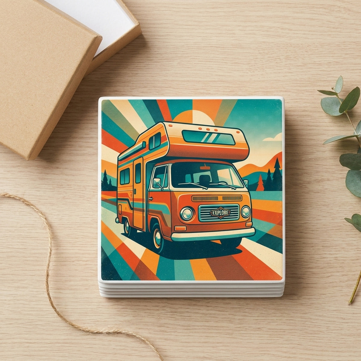 Retro Camper Van ceramic coasters set of 4, gift set