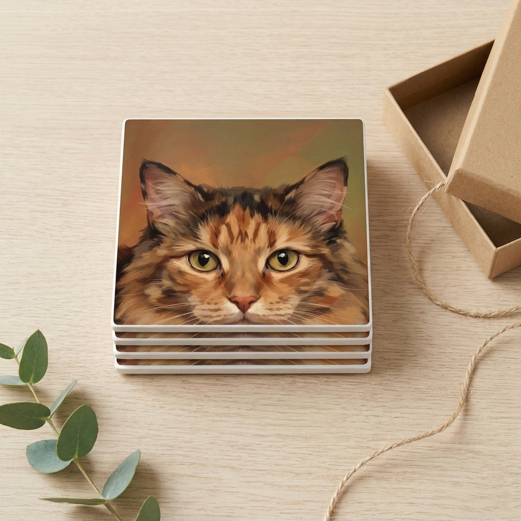 Calico Cat Portrait ceramic coasters set of 4, gift set
