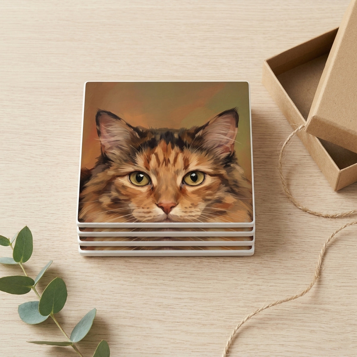 Calico Cat Portrait ceramic coasters set of 4, gift set